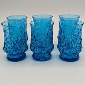 Vintage Anchor Hocking Rainflower Laser Blue Six Flat Juice Glasses Small Retro